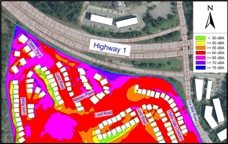 Heat map showing the existing noise levels in the Lund / Thetis Vale neighbourhood, ranging from less than 50 dBA to greater than 75 dBA.