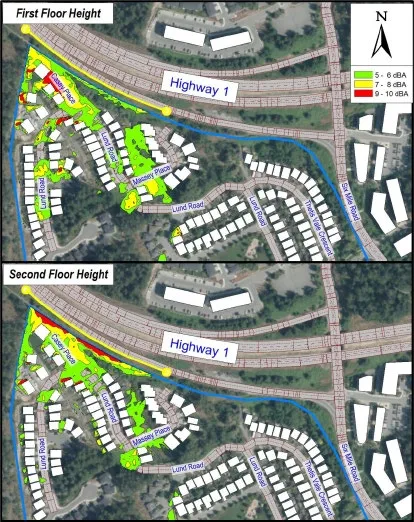 Two maps illustrating the noise reduction amount for Alignment #1 at first floor height and second floor height.
