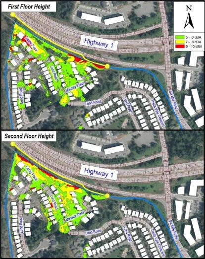 Two maps illustrating the noise reduction amount for Alignment #2 at first floor height and second floor height.