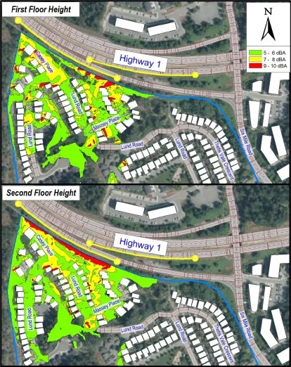 Two maps illustrating the noise reduction amount for Alignment #3 at first floor height and second floor height.