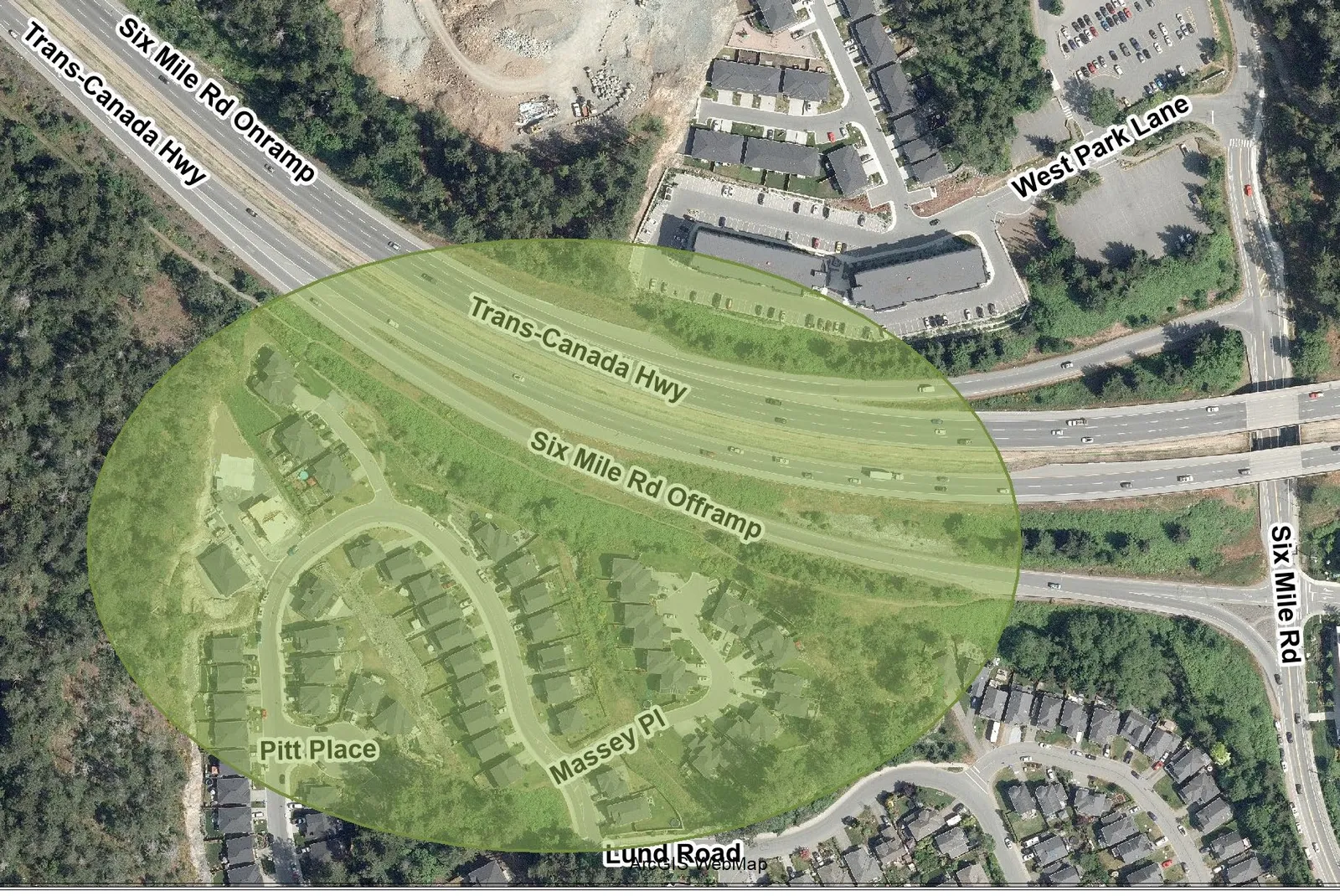 Aerial map of the project area showing the Trans-Canada Highway, Six Mile Rd Offramp, and surrounding residential streets including Pitt Place, Massey Pl, and Lund Road