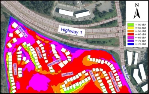 Noise contour map showing current noise levels in the residential area, ranging from under 50 dBA to over 75 dBA