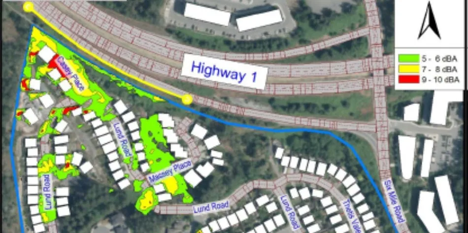 Noise improvement map for Alignment #1 showing areas of 5-10 dBA noise reduction primarily at homes closest to the highway