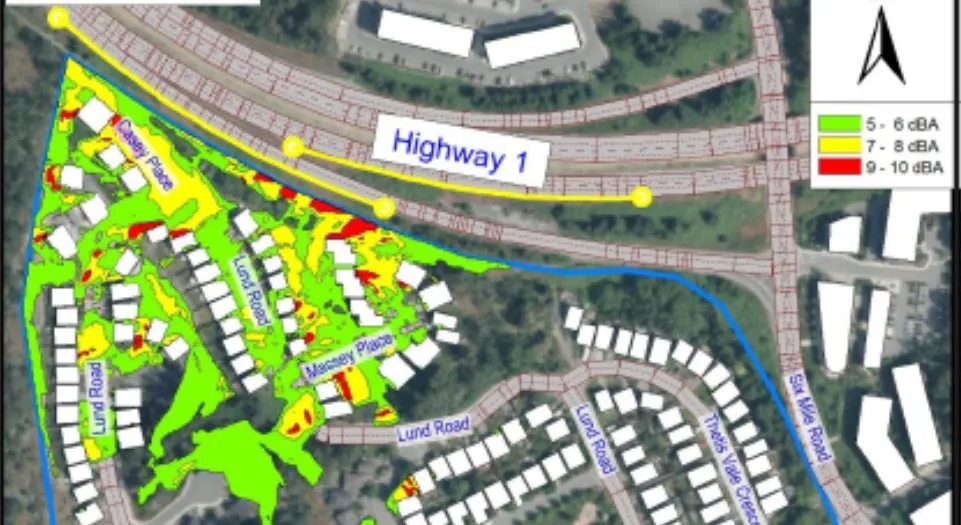 Noise improvement map for Alignment #3 showing the effect of two separate barrier walls providing the most extensive noise reduction coverage