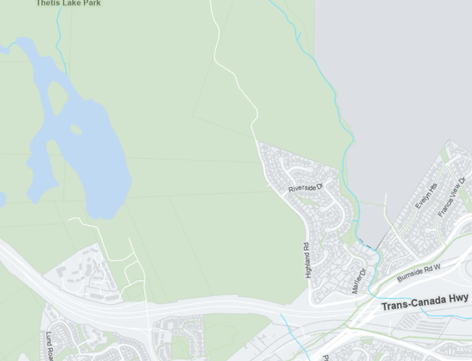 Overview map of View Royal showing Thetis Lake Regional Park and Highland Road area