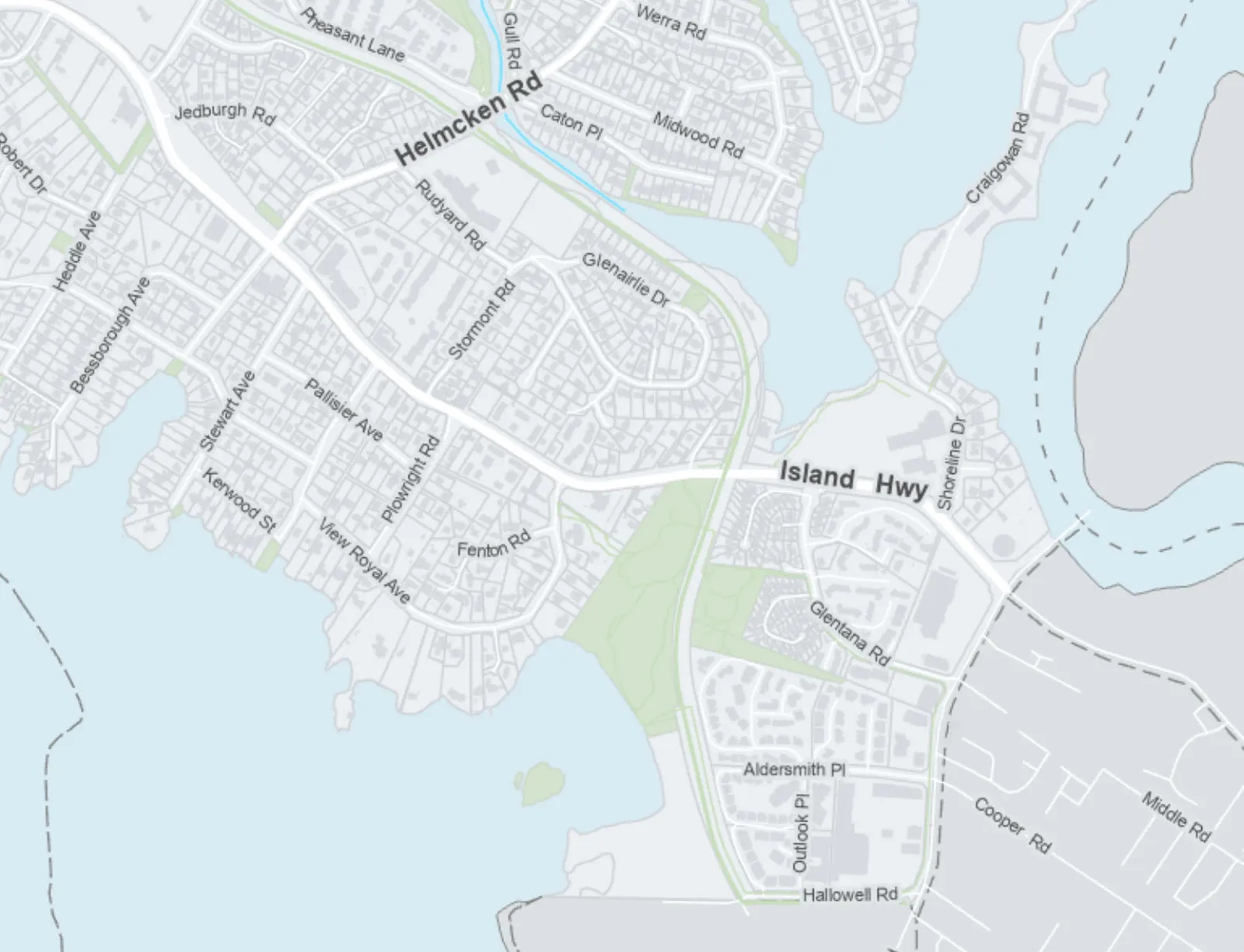 Overview map showing Island Highway, Helmcken Road, and southern residential areas including Areas 1, 2, and 3