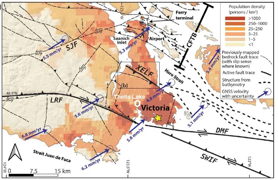 Map of the Victoria region showing population density, GNSS velocity vectors, and active fault traces including the Leech River Fault (LRF), San Juan Fault (SJF), and Devil's Mountain Fault (DMF).