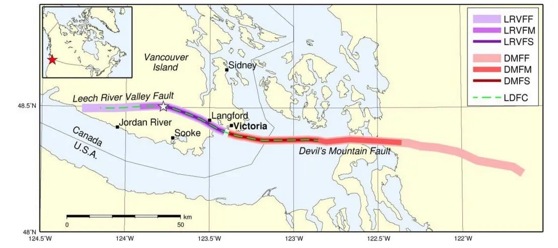Map illustrating the continuous connection between the Leech River Valley Fault and the Devil's Mountain Fault across Vancouver Island and the Canada-U.S.A. border.