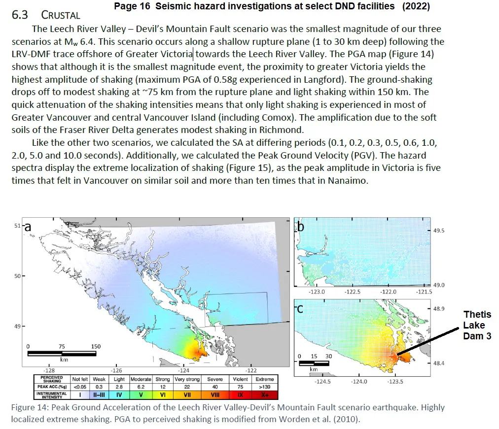 Figure 14: Three-paneled map showing Peak Ground Acceleration (PGA) of the Leech River Valley-Devil’s Mountain Fault scenario earthquake, with a specific pointer to Thetis Lake Dam 3 and an intensity scale legend.