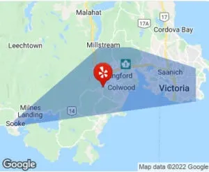 A map showing a triangular region covering Langford, Colwood, Victoria, and Saanich
