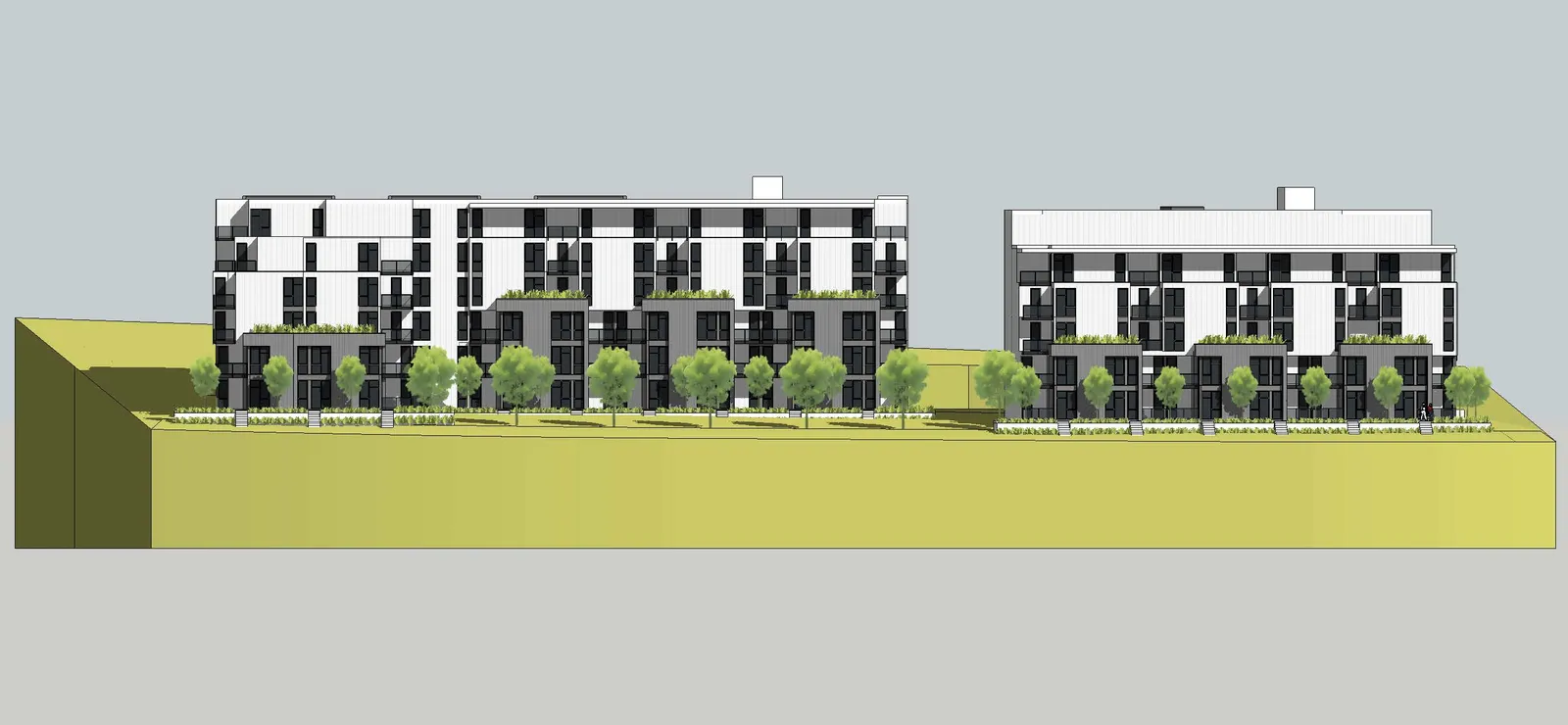 Site Section 1 (A201) showing building elevation and grade profiles