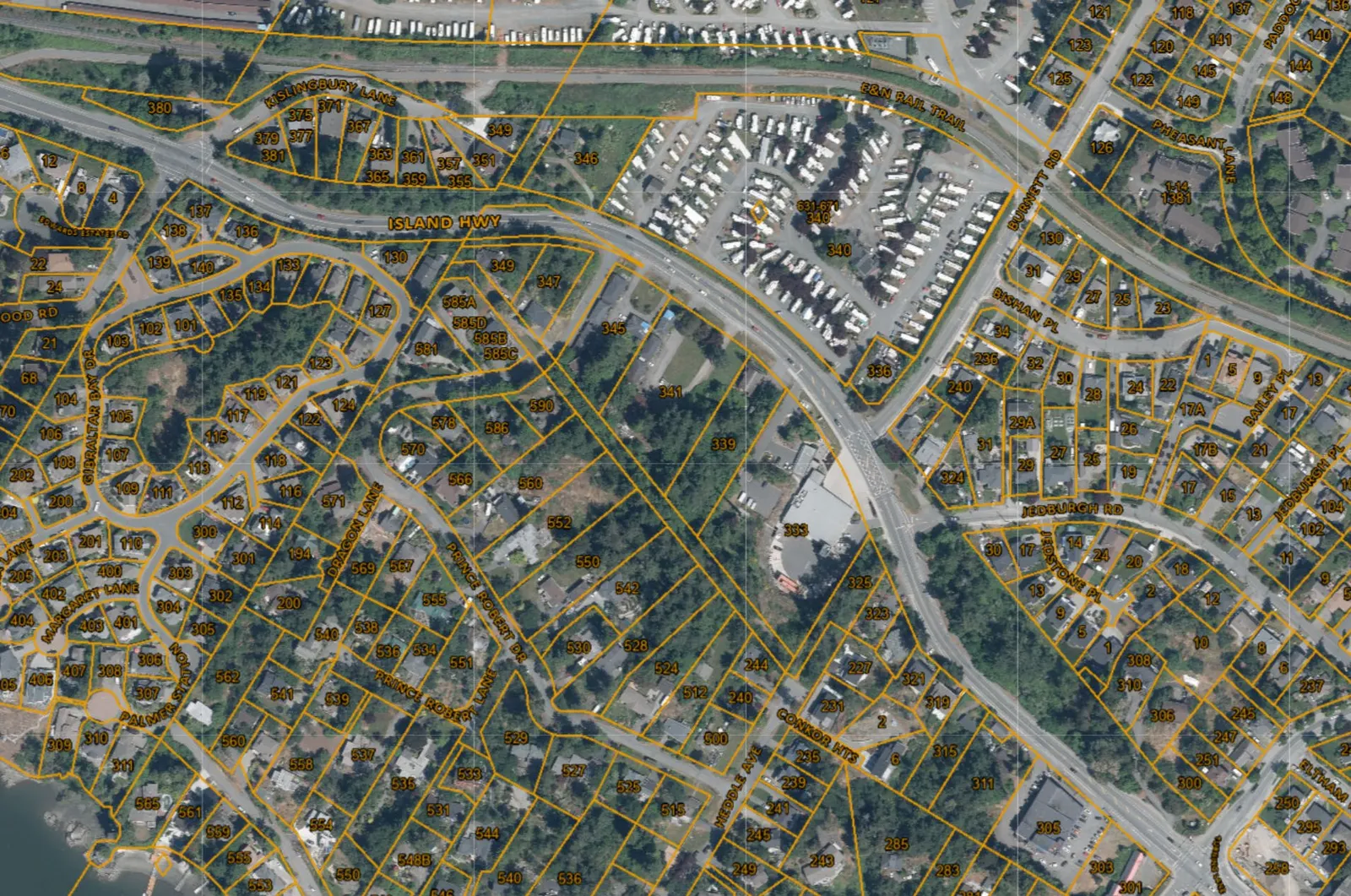 Aerial map highlighting the subject properties at 339, 341, and 345 Island Highway
