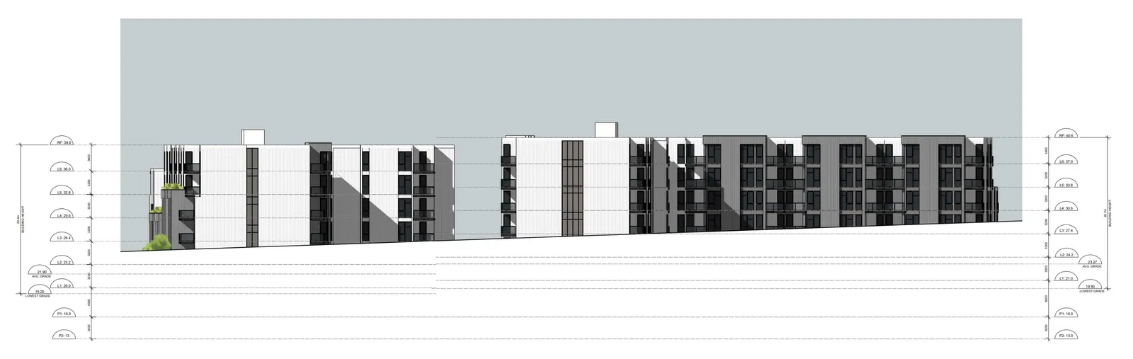 South elevation architectural drawing showing building levels and height measurements