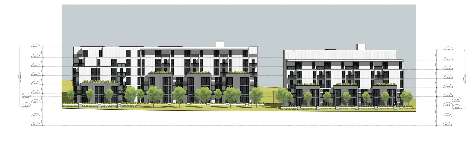 North elevation architectural drawing showing building levels and height measurements