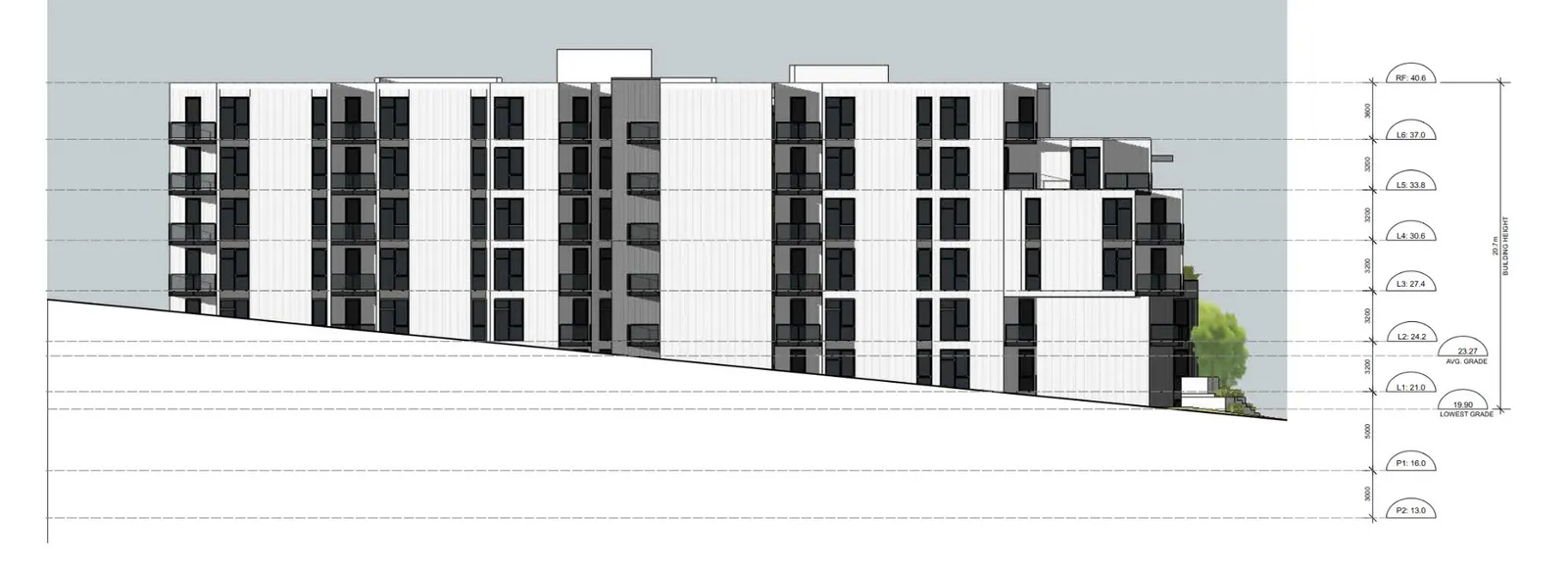 East elevation architectural drawing showing building levels and total building height