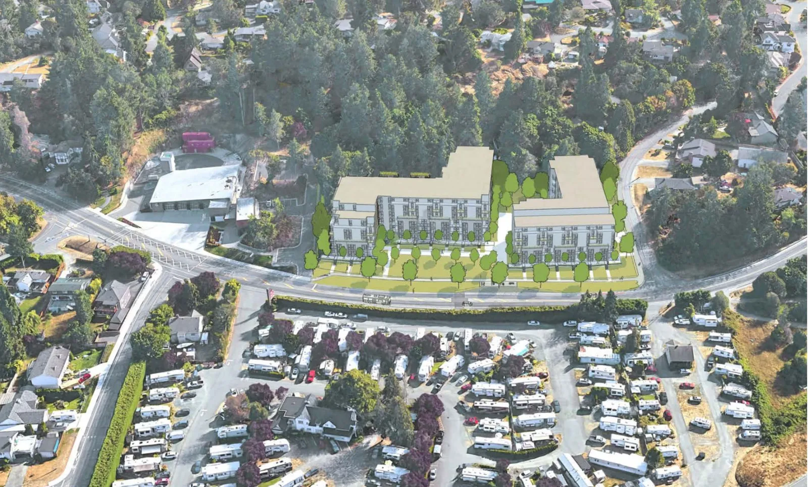 Aerial architectural rendering of the proposed multi-unit residential development