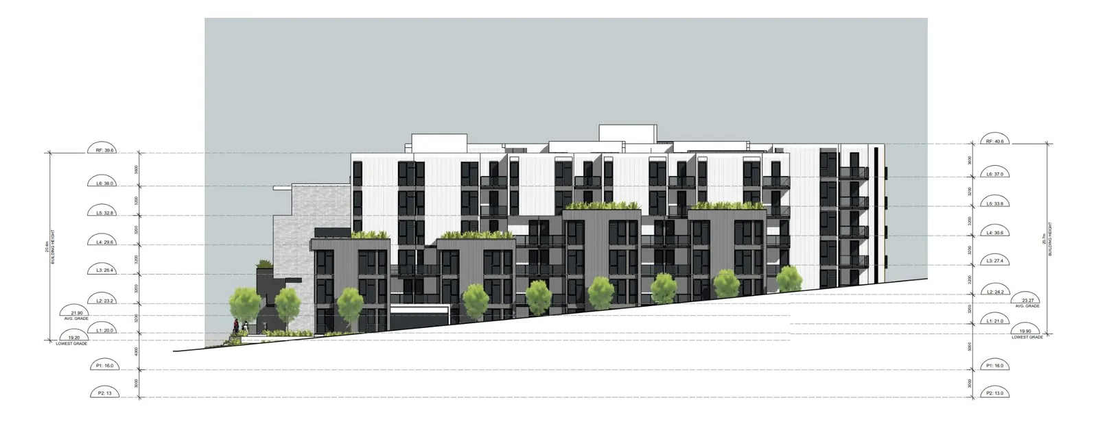 West elevation architectural drawing showing building levels relative to the sloped grade