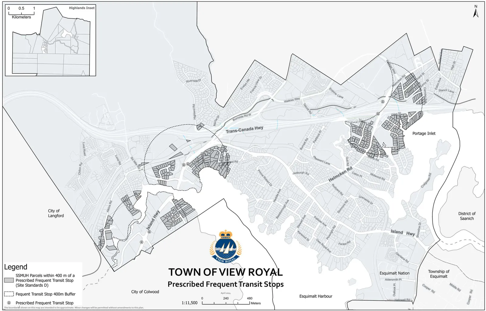 Map of the Town of View Royal highlighting SSMUH Parcels within 400 m of a Prescribed Frequent Transit Stop and Frequent Transit Stop 400m Buffer zones. The map includes an inset for Highlands and labels for surrounding areas including City of Langford, City of Colwood, Esquimalt Harbour, Esquimalt Nation, Township of Esquimalt, District of Saanich, and Portage Inlet. Major roads such as Trans-Canada Hwy, Helmcken Rd, and Island Hwy are shown.