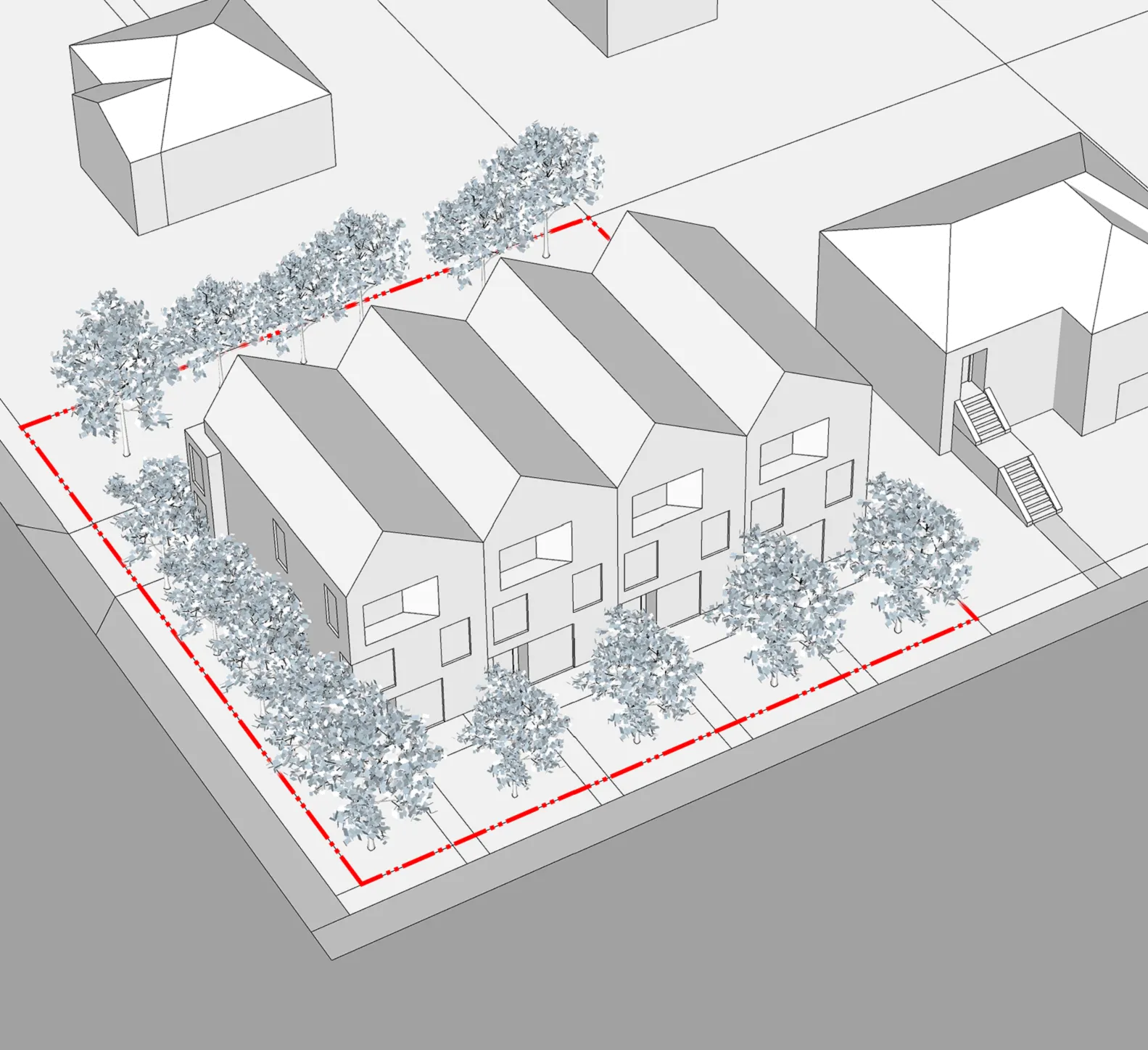 3D perspective of four townhouses on a medium corner lot with current zoning parking layouts