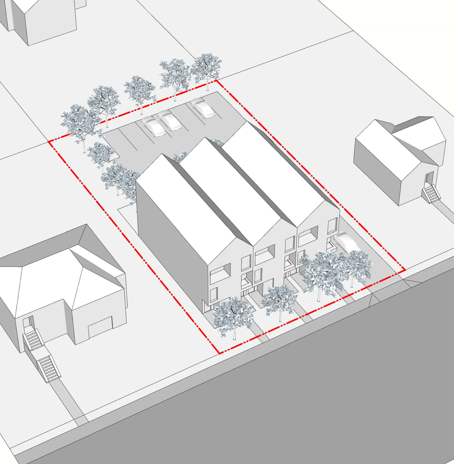 3D perspective of three stacked townhouse buildings on a large lot with rear parking