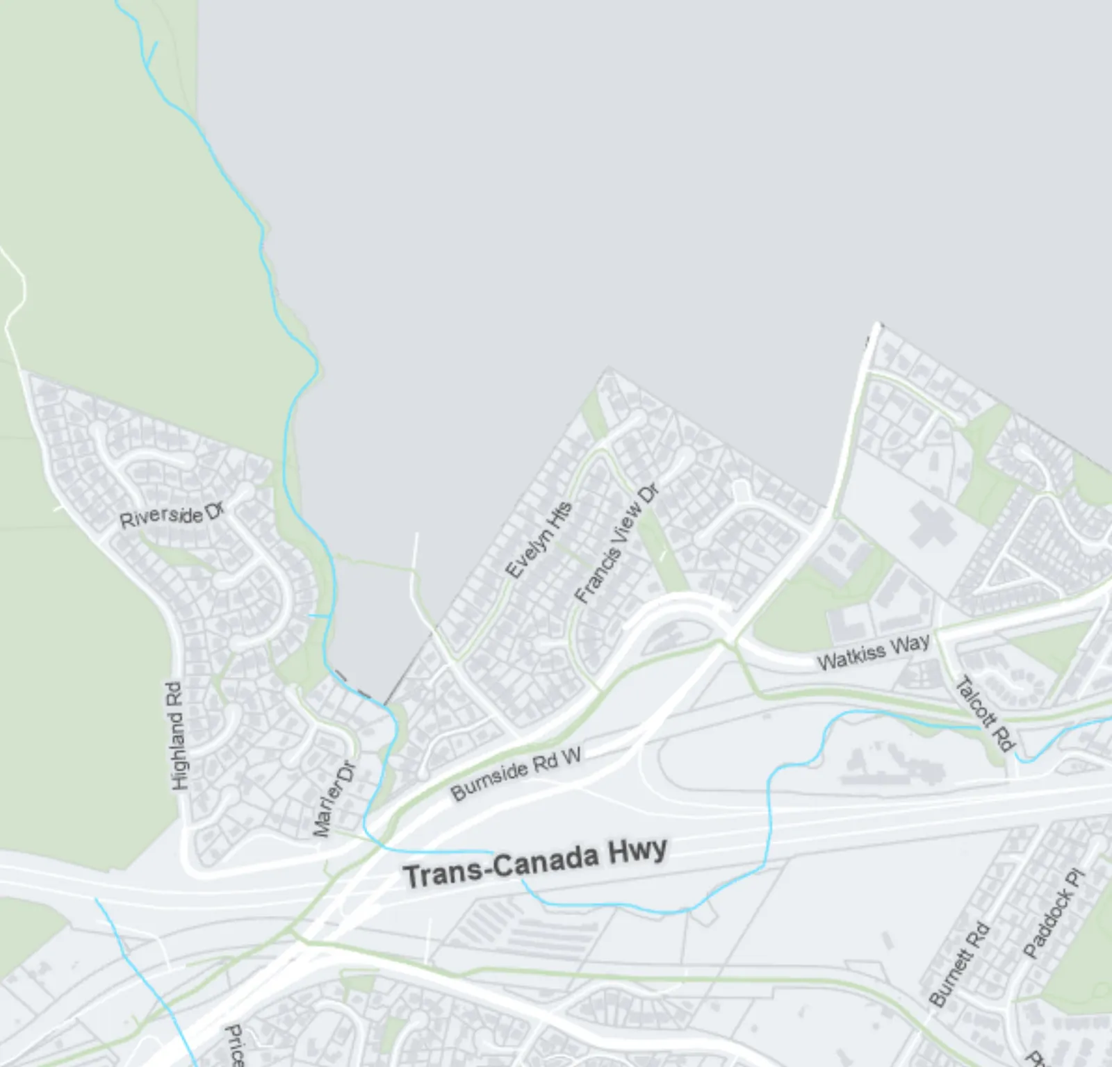 Map detail of the north-central area showing the intersection of Burnside Road West and the Trans-Canada Highway