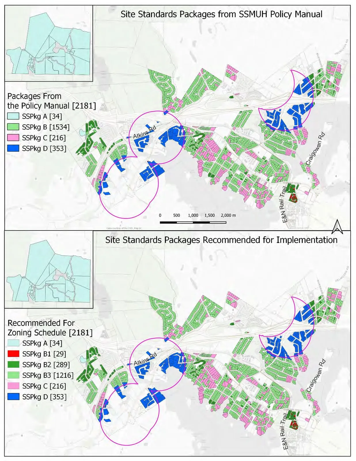 Two maps of View Royal. The top map shows "Site Standards Packages from SSMUH Policy Manual" (A, B, C, D). The bottom map shows "Site Standards Packages Recommended for Implementation" including the new sub-categories (A, B1, B2, B3, C, D).