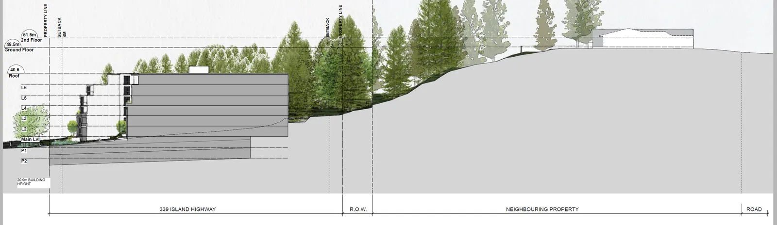Building cross section diagram showing the proposed development at 339 Island Highway and its relationship to the natural slope and neighbouring property