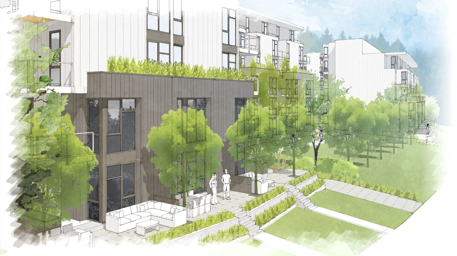 Perspective rendering of the ground-floor townhouse-style entries and landscaping