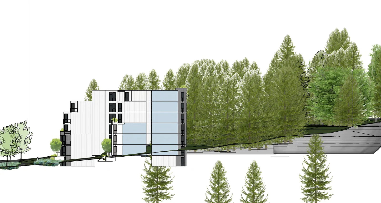 Plan of the ground floor residential units and comprehensive site landscaping including play structures and trails