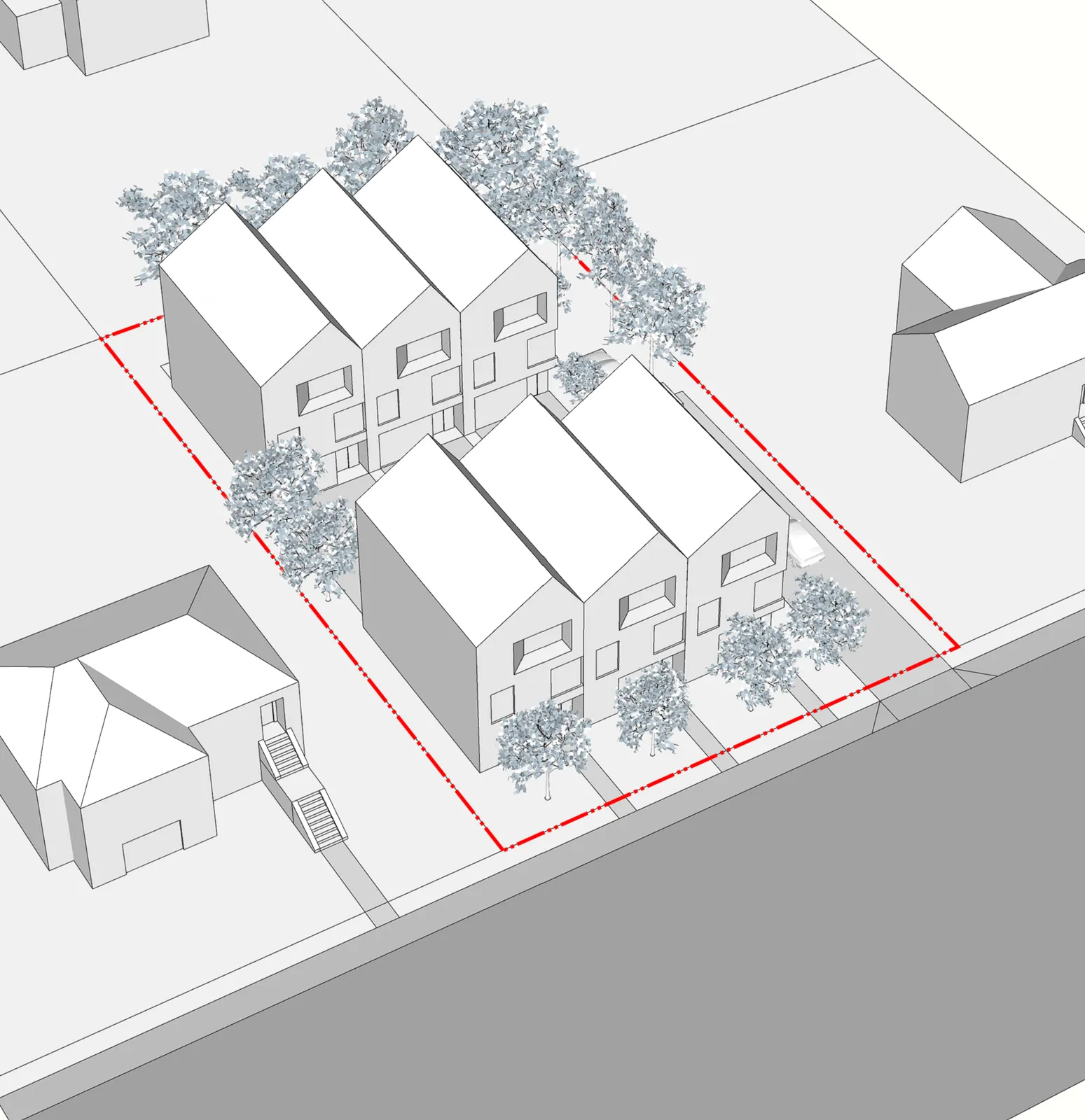 3D perspective of six townhouses on a large lot