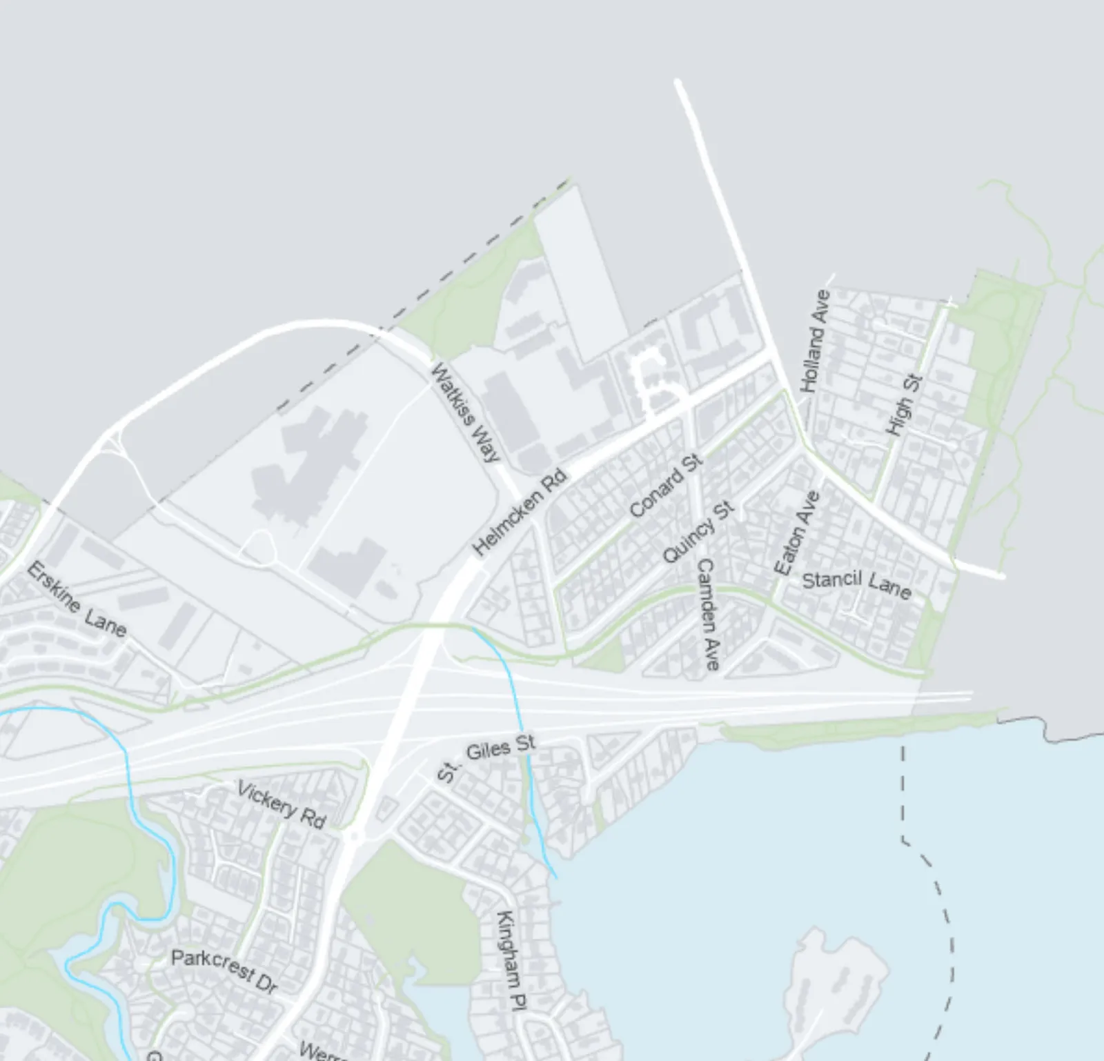 Map detail of the northeast sector, including Watkiss Way, Helmcken Road, and Holland Avenue residential and mixed-use areas.