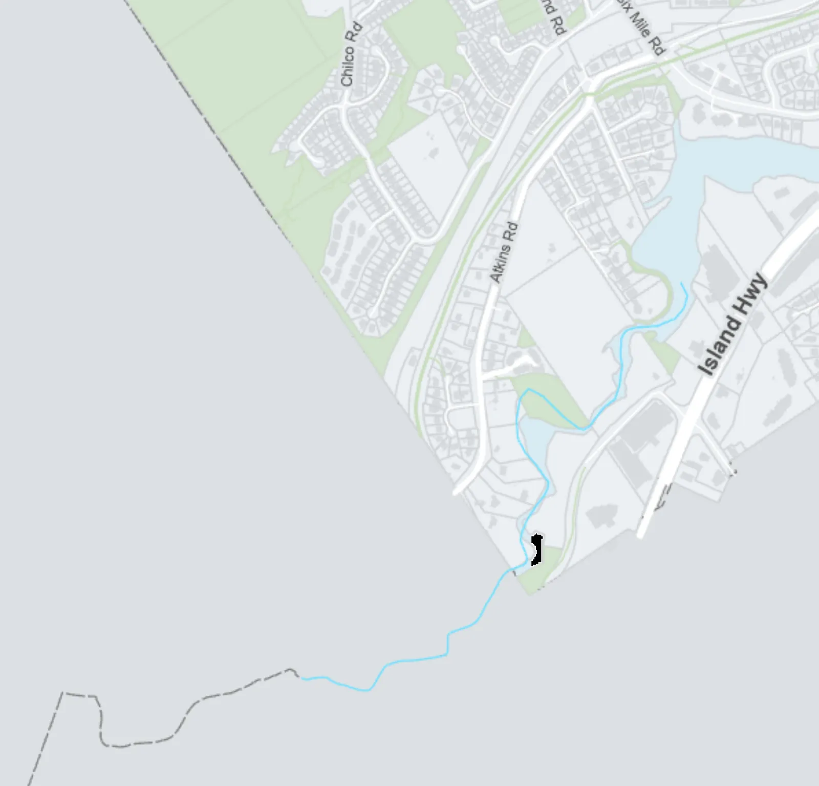 Map detail of the southwestern boundary area, including Atkins Road and the Island Highway connection to the City of Langford and City of Colwood.