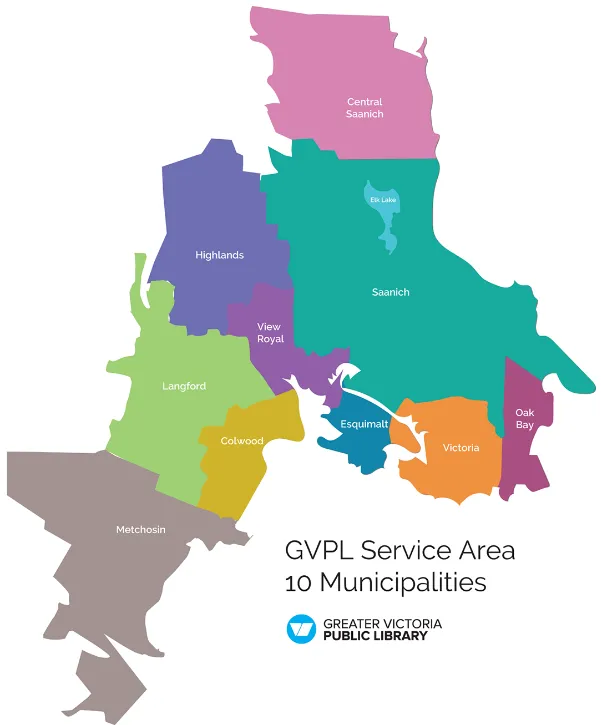 Map of the Greater Victoria Public Library service area, highlighting 10 municipalities: Central Saanich, Highlands, Langford, Metchosin, Colwood, View Royal, Saanich, Esquimalt, Victoria, and Oak Bay.
