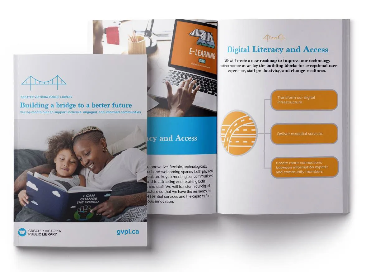 A mockup of the booklet titled "Building a bridge to a better future," GVPL's 24-month plan to support inclusive, engaged, and informed communities.