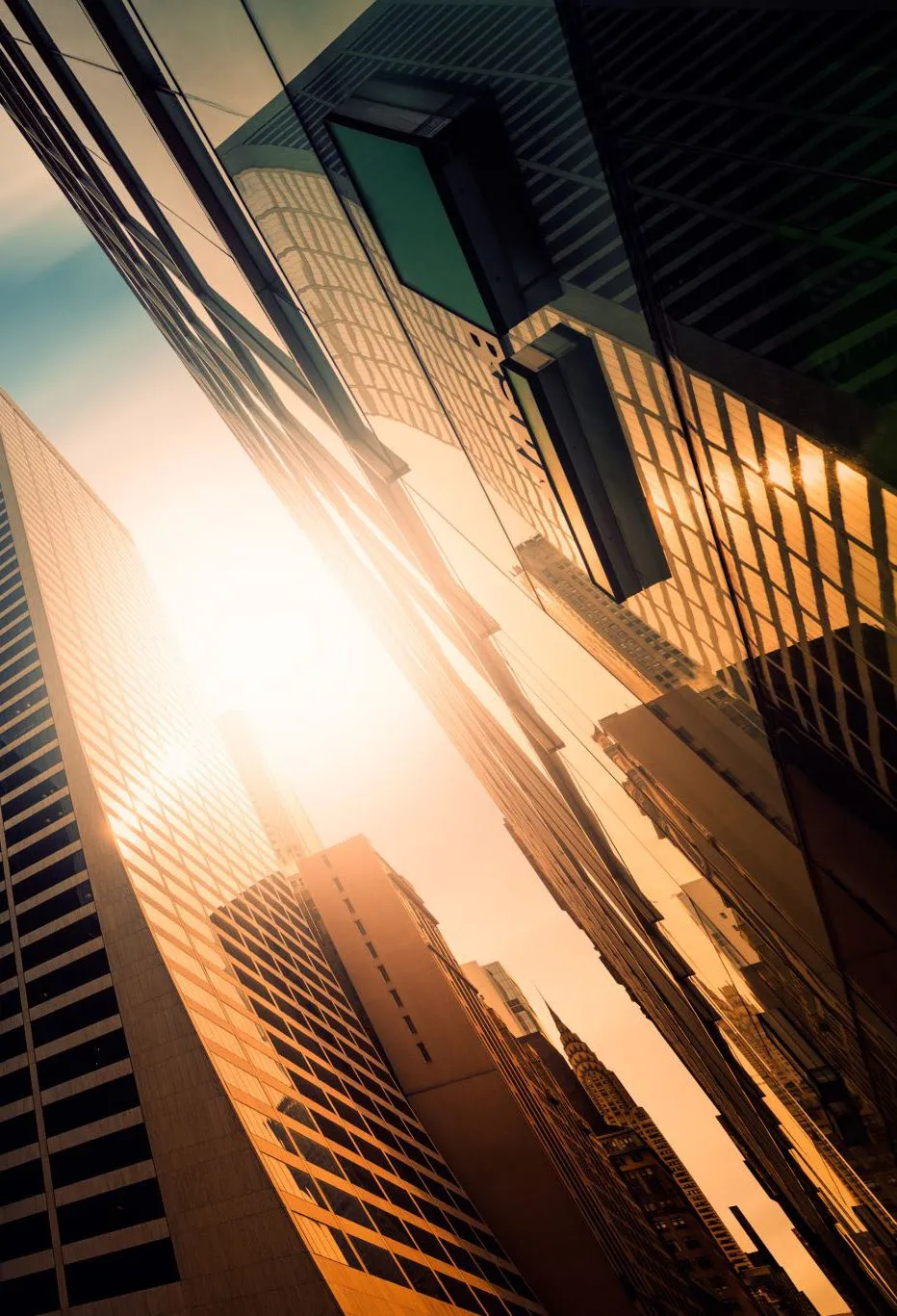 Low-angle view of sunlit skyscrapers reflecting orange light