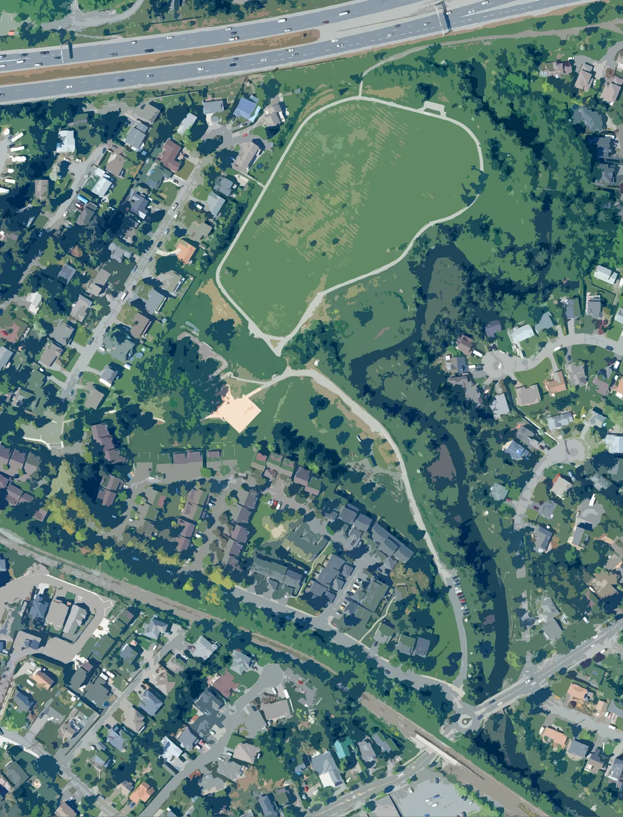 aerial map of View Royal Park with a yellow dot indicating the location for a Park Identification Sign at the southern entrance
