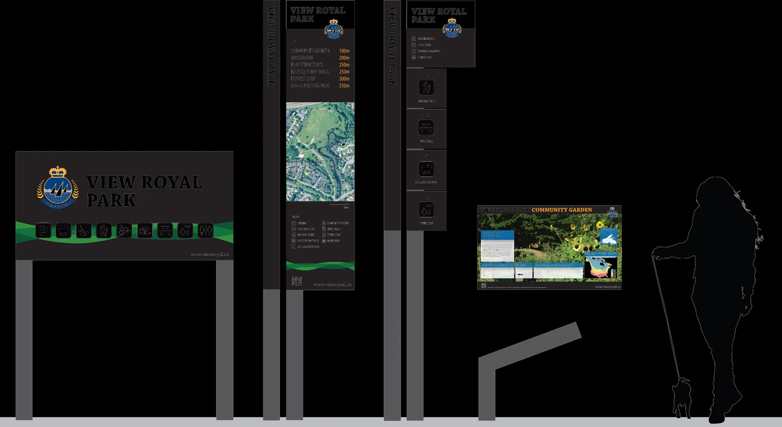 graphic design mockup of the proposed sign types, including the Park Identification Sign showing facility icons and the park name