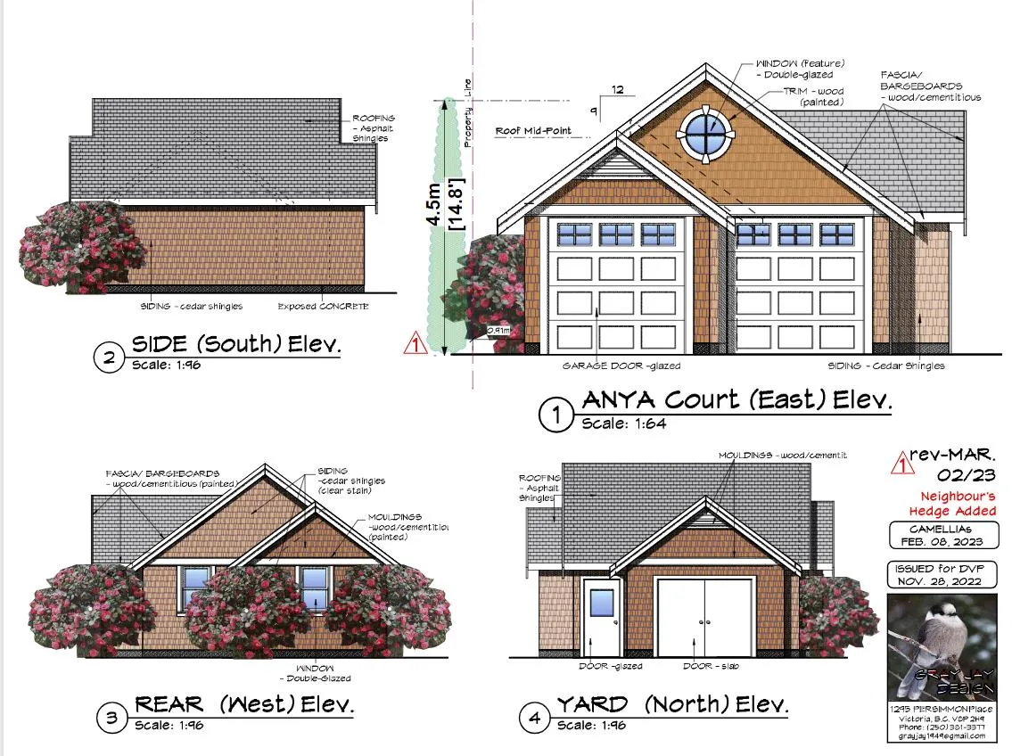 Architectural elevations of the proposed accessory building showing placement of replacement camellia landscaping