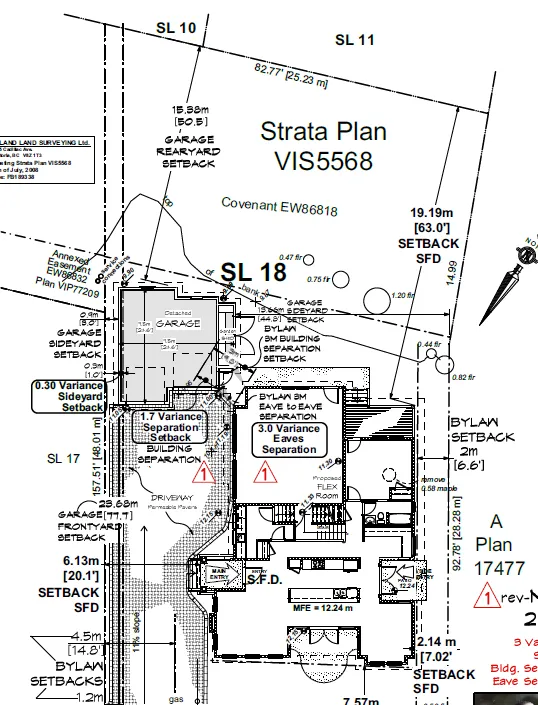 Detailed site plan for 305 Anya Court showing proposed garage and variances