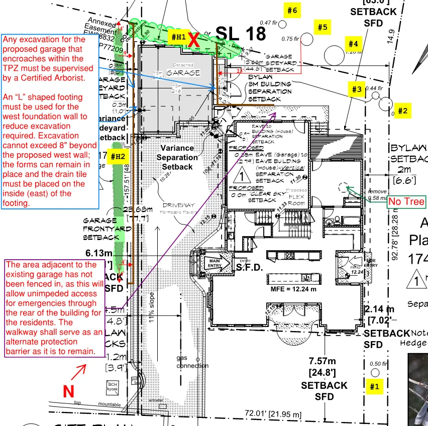 Tree Management Plan diagram showing proposed garage location, Tree Protection Zones, and individual tree locations #1-#6, H1 and H2. Scale 1/16” = 1’