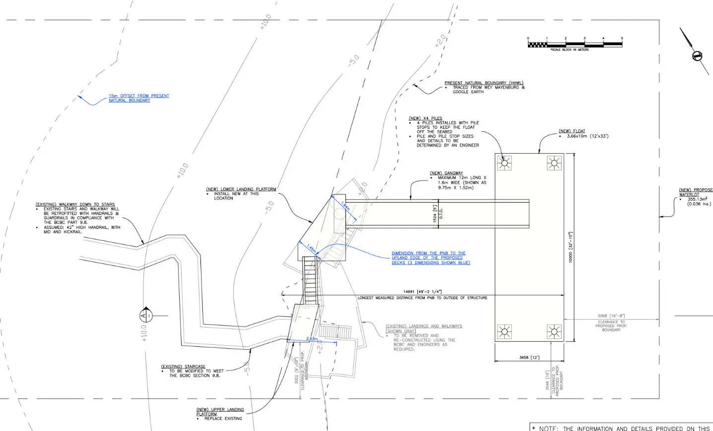 Site plan for the proposed replacement structure including a new platform, gangway, and floating dock with a 15m offset from the Present Natural Boundary