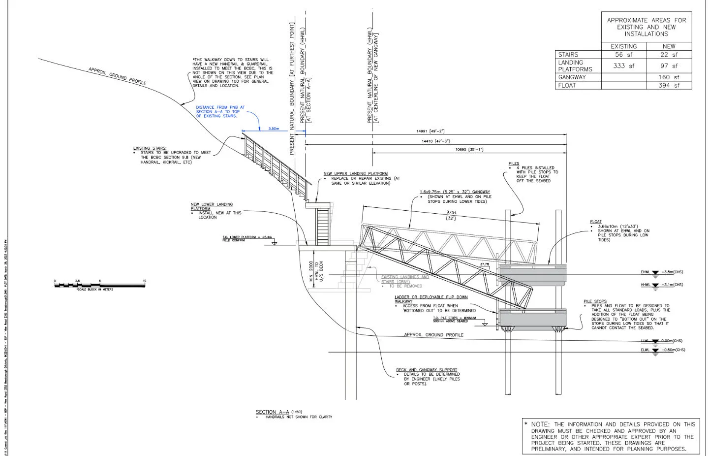 Cross section diagram of the proposed structure showing stairs, landing platforms, gangway, and floating dock relative to the bedrock slope and water levels