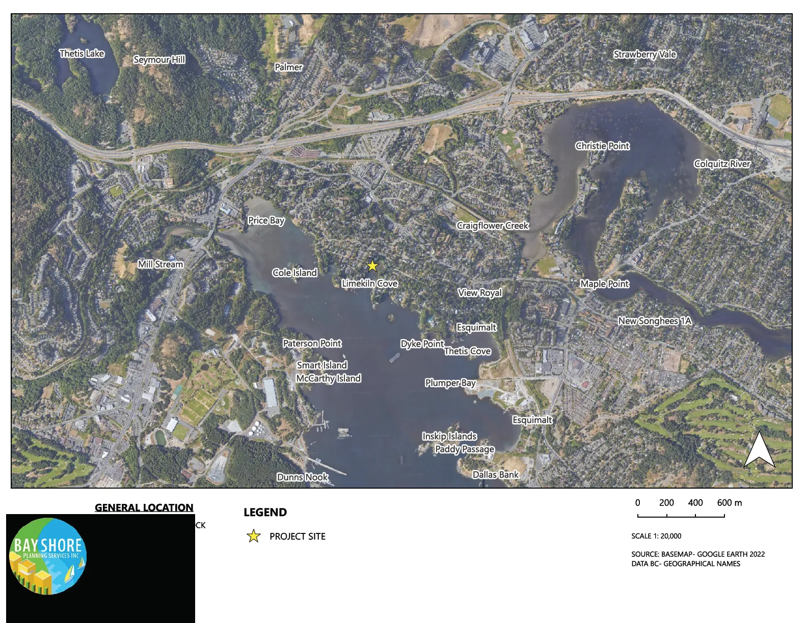 Aerial map showing the general location of the project site at Limekiln Cove within Esquimalt Harbour and surrounding areas.