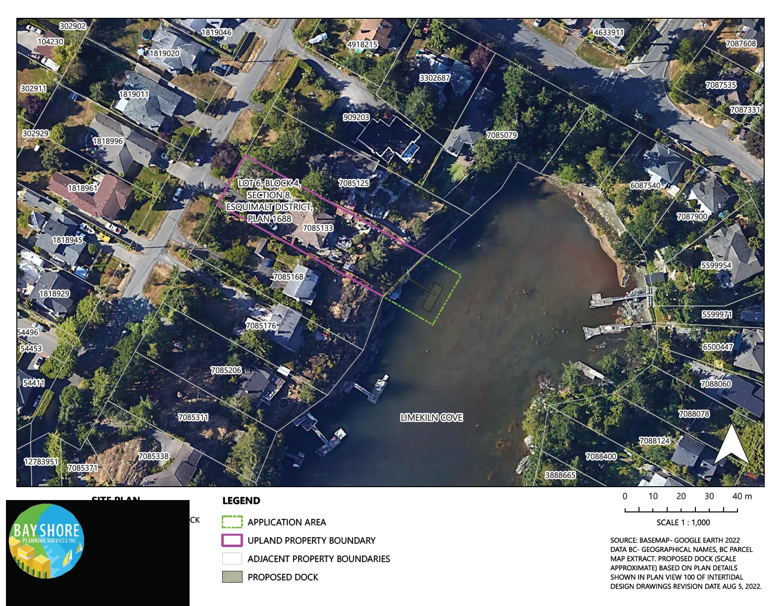 Detailed site plan showing the application area, upland property boundary (Lot 6, Block 4, Section 8, Esquimalt District, Plan 1688), and the proposed dock in Limekiln Cove.