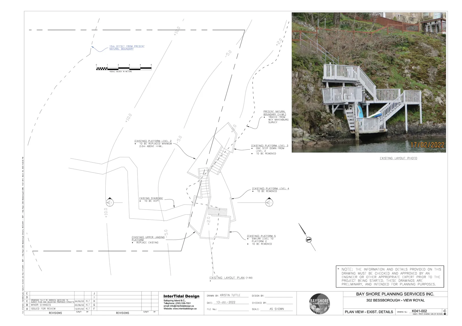 Plan view showing existing stairs, upper landing, and five levels of platforms with an inset photograph of the existing layout dated 17/02/2022