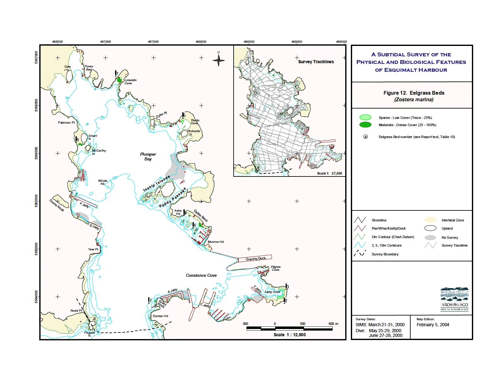 Map of Esquimalt Harbour showing Figure 12: Eelgrass Beds (Zostera marina), including an inset map of survey tracklines.