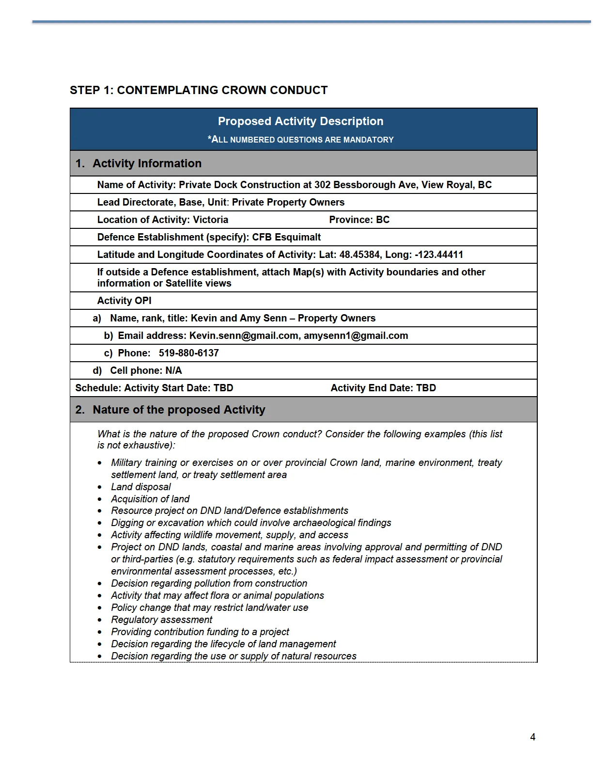 First page of Proposed Activity Description form including activity information and nature of activity examples