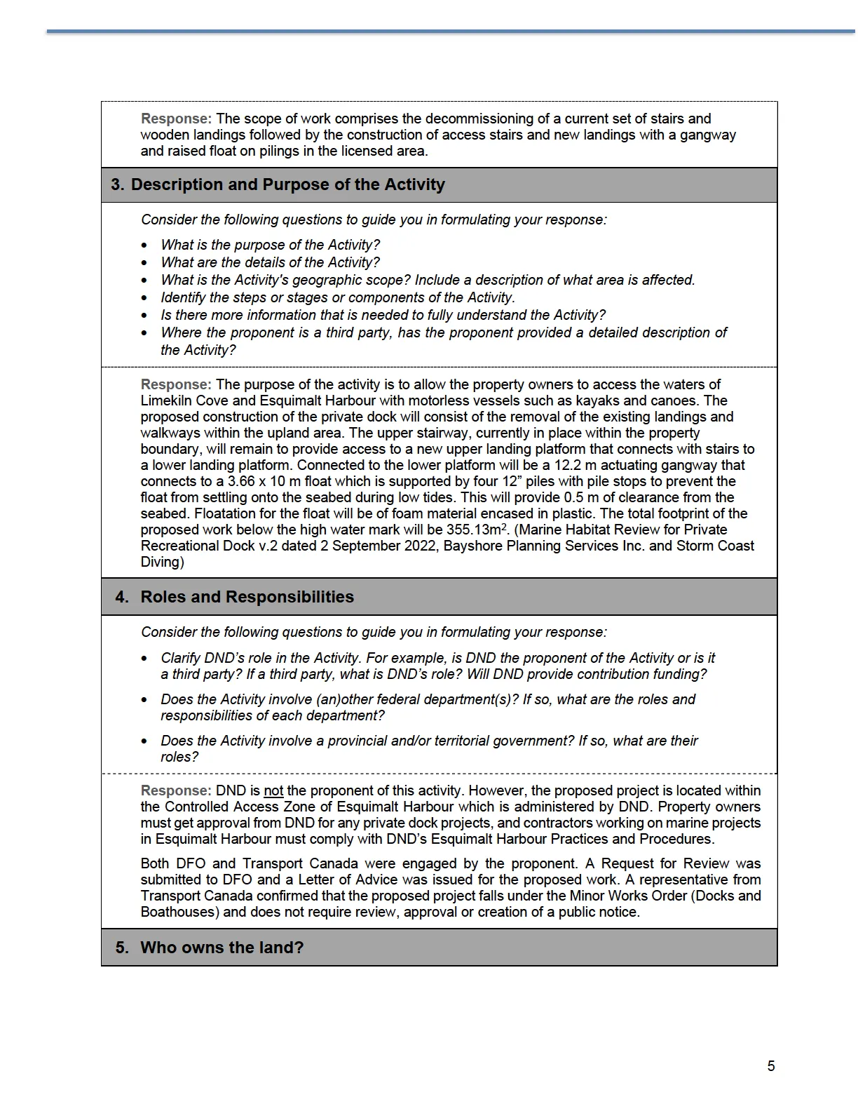 Page containing responses for nature of activity, description and purpose, and roles and responsibilities