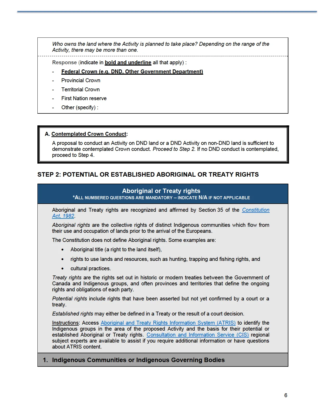 Page finishing land ownership questions and introducing Step 2: Potential or Established Aboriginal or Treaty Rights
