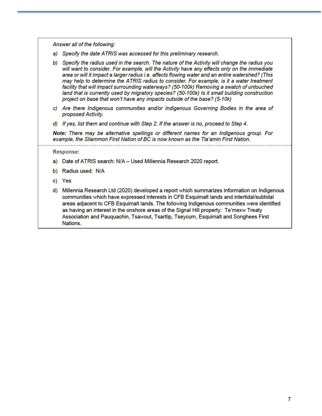 Page containing response regarding Indigenous communities identification and ATRIS search